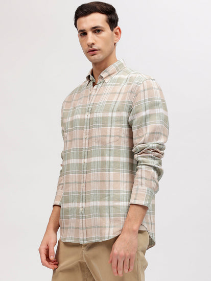 Gant Men Beige Checked Button-down Collar Full Sleeves Linen Shirt