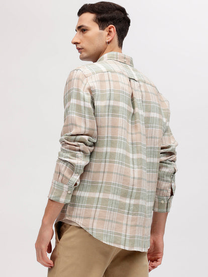 Gant Men Beige Checked Button-down Collar Full Sleeves Linen Shirt