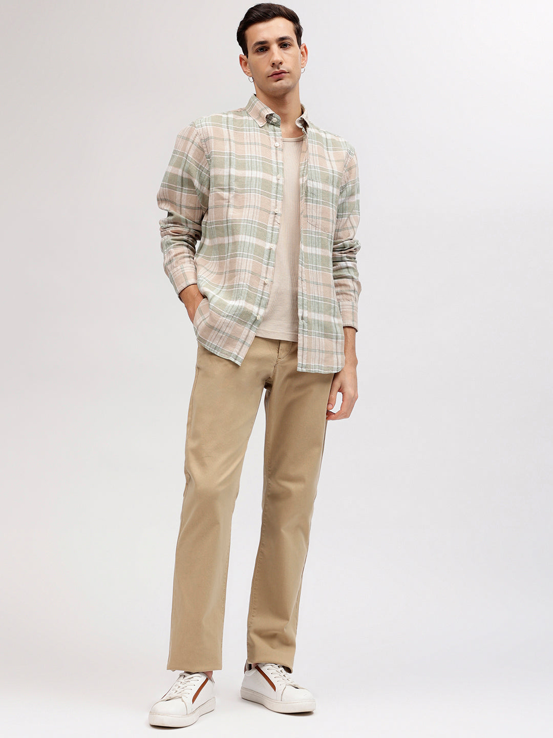 Gant Men Beige Checked Button-down Collar Full Sleeves Linen Shirt