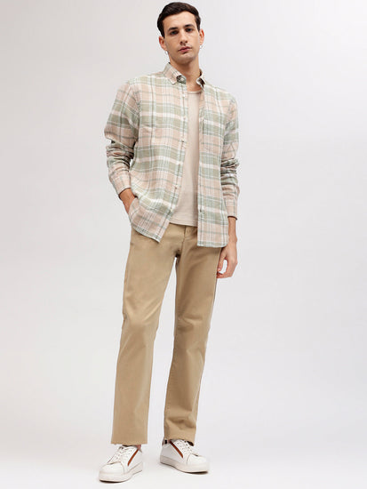 Gant Men Beige Checked Button-down Collar Full Sleeves Linen Shirt