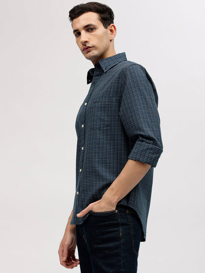 Gant Men Blue Checked Button-down Collar Full Sleeves Shirt