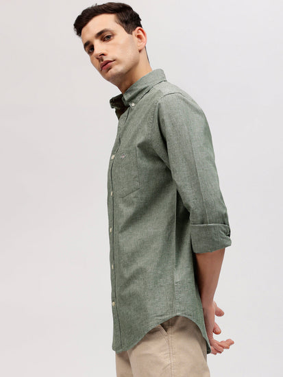 Gant Men Green Solid Button-down Collar Full Sleeves Linen Shirt