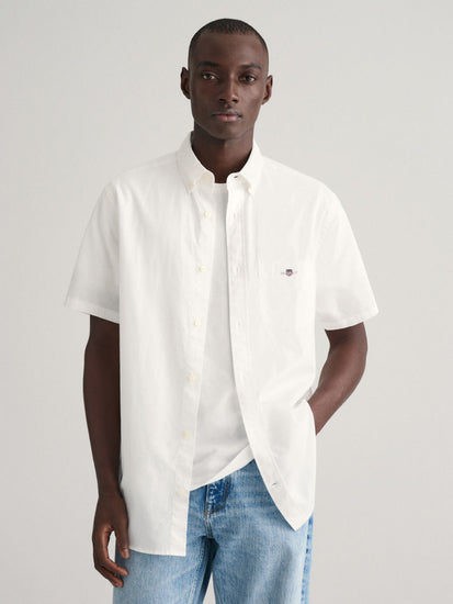 Gant Men White Solid Button Down Collar Short Sleeves Linen Shirt