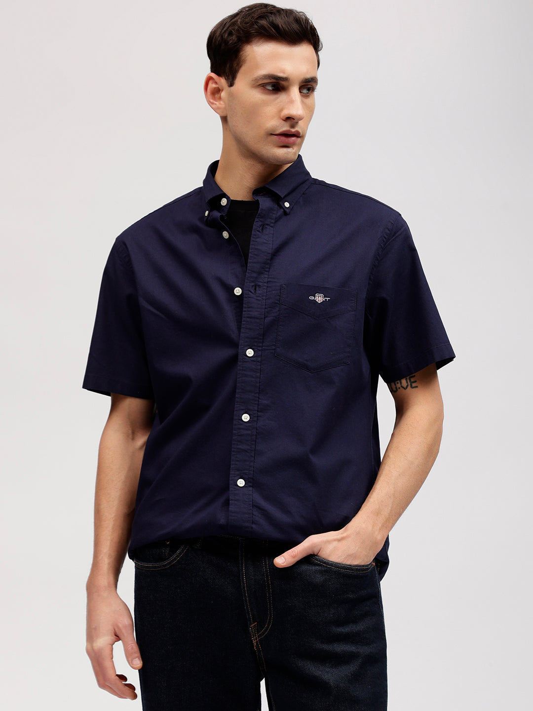 Gant Men Blue Solid Button-down Collar Short Sleeves Linen Shirt