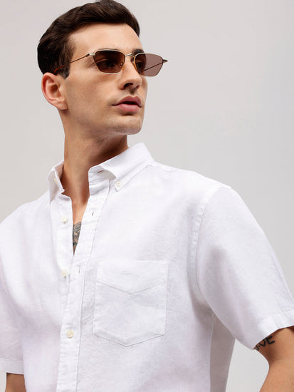 Gant Men White Solid Button-down Collar Short Sleeves Linen Shirt