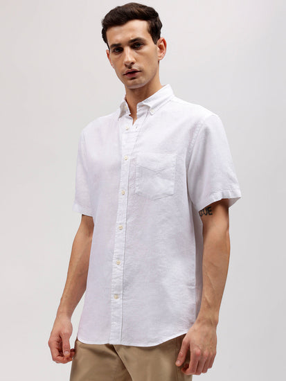 Gant Men White Solid Button-down Collar Short Sleeves Linen Shirt