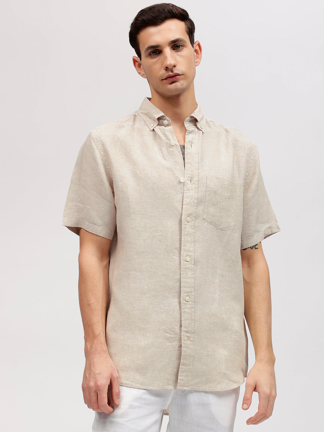 Gant Men Beige Solid Button-down Collar Short Sleeves Linen Shirt