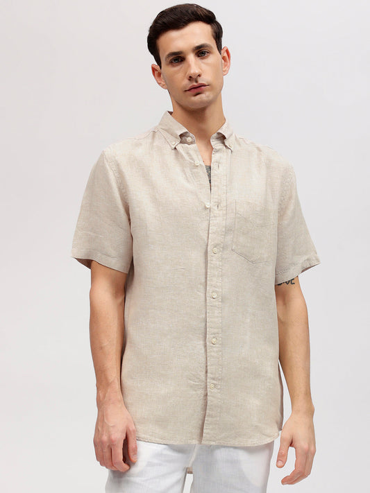 Gant Men Beige Solid Button-down Collar Short Sleeves Linen Shirt