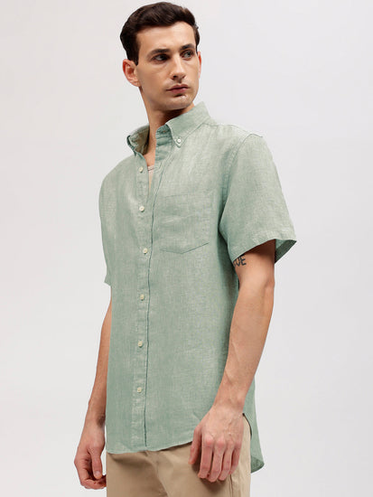 Gant Men Green Solid Button-down Collar Short Sleeves Linen Shirt