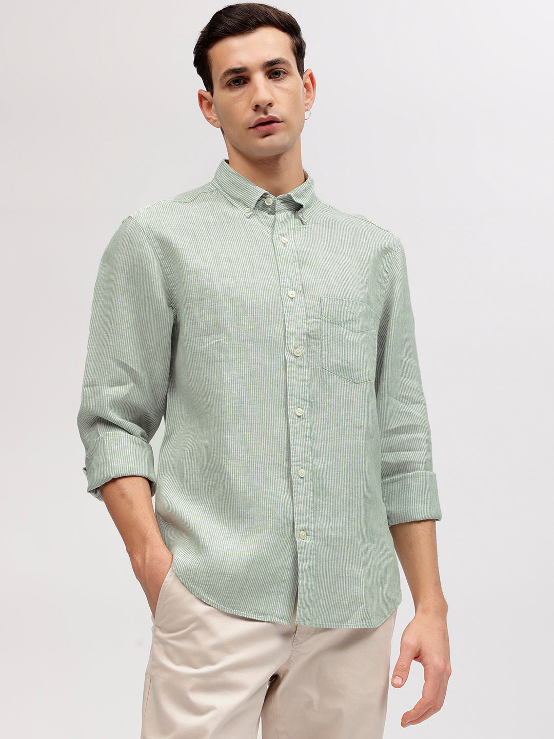 Gant Men Green Striped Button-down Collar Full Sleeves Linen Shirt