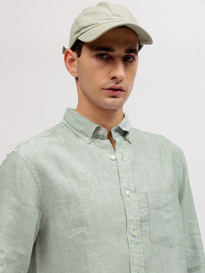 Gant Men Green Striped Button-down Collar Full Sleeves Shirt