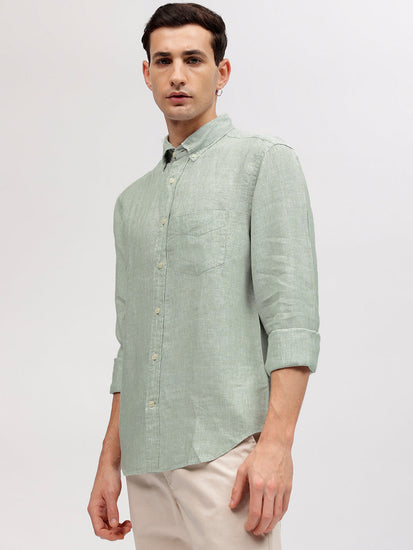 Gant Men Green Striped Button-down Collar Full Sleeves Linen Shirt