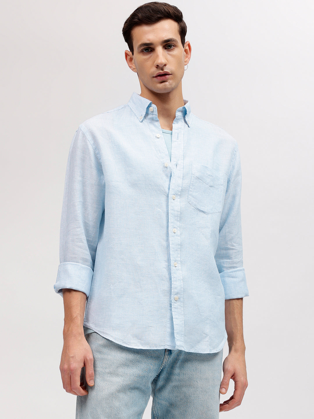 Gant Men Blue Striped Button-down Collar Full Sleeves Linen Shirt