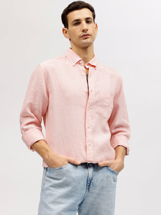 Gant Men Pink Striped Button-down Collar Full Sleeves Linen Shirt