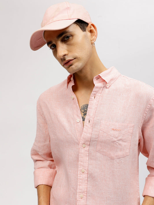 Gant Men Pink Striped Button-down Collar Full Sleeves Linen Shirt