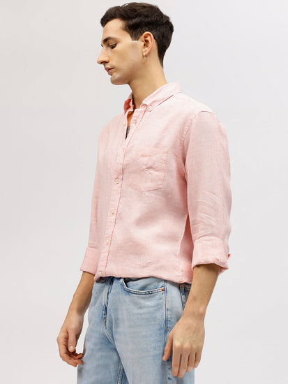 Gant Men Pink Striped Button-down Collar Full Sleeves Linen Shirt