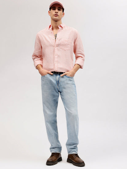 Gant Men Pink Striped Button-down Collar Full Sleeves Linen Shirt