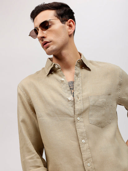 Gant Men Beige Solid Button-down Collar Full Sleeves Linen Shirt