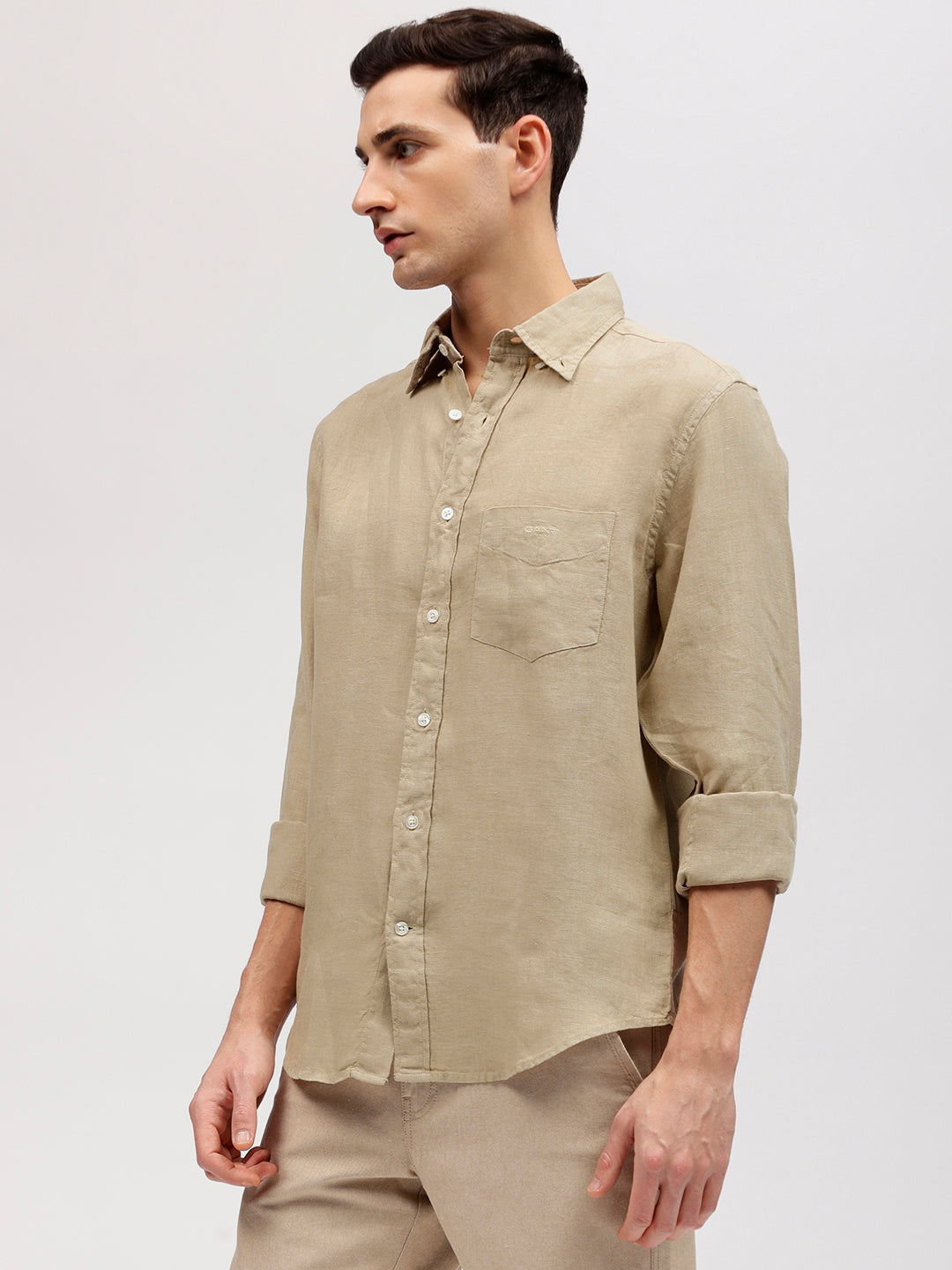 Gant Men Beige Solid Button-down Collar Full Sleeves Linen Shirt