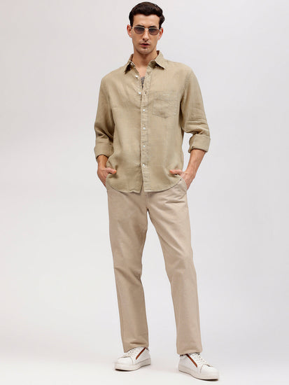 Gant Men Beige Solid Button-down Collar Full Sleeves Linen Shirt