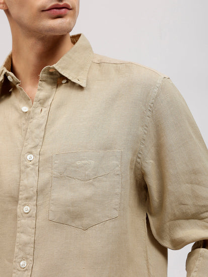 Gant Men Beige Solid Button-down Collar Full Sleeves Linen Shirt