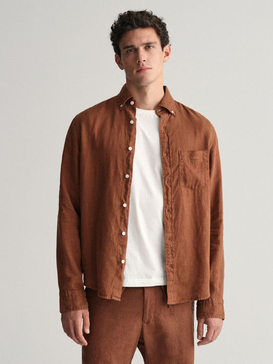 Gant Men Brown Solid Button-down Collar Long Sleeves Linen Shirt