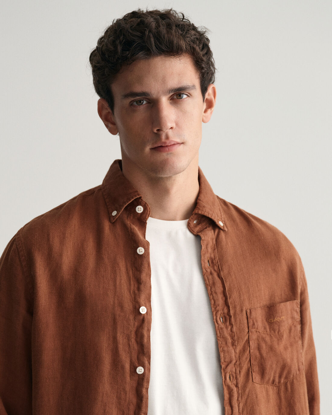 Gant Men Brown Solid Button-down Collar Long Sleeves Linen Shirt