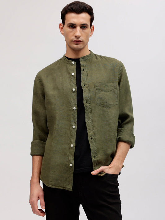 Gant Men Green Solid Band Collar Full Sleeves Linen Shirt