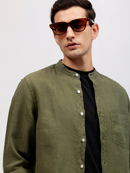 Gant Men Green Solid Band Collar Full Sleeves Linen Shirt