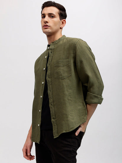 Gant Men Green Solid Band Collar Full Sleeves Linen Shirt