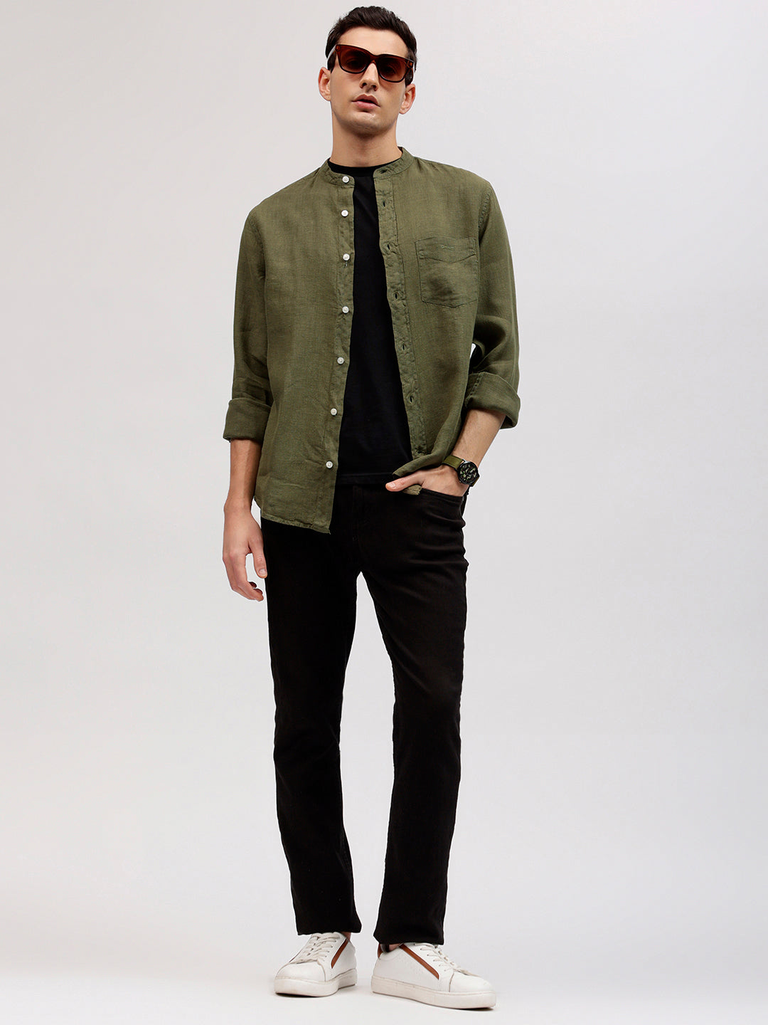 Gant Men Green Solid Band Collar Full Sleeves Linen Shirt