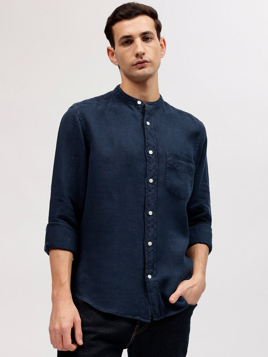 Gant Men Blue Solid Band Collar Full Sleeves Linen Shirt