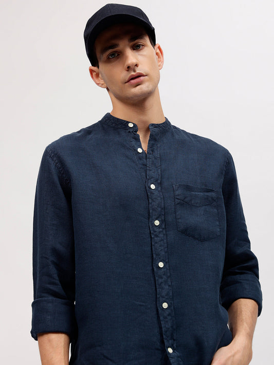 Gant Men Blue Solid Band Collar Full Sleeves Shirt