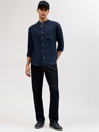 Gant Men Blue Solid Band Collar Full Sleeves Linen Shirt