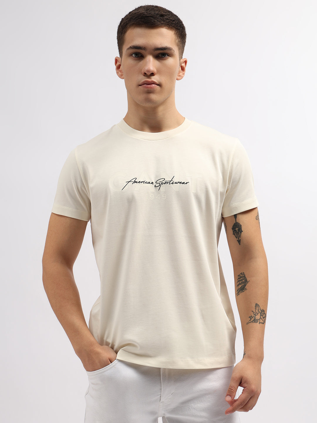 Gant Men Cream Solid Round Neck Short Sleeves T-Shirt