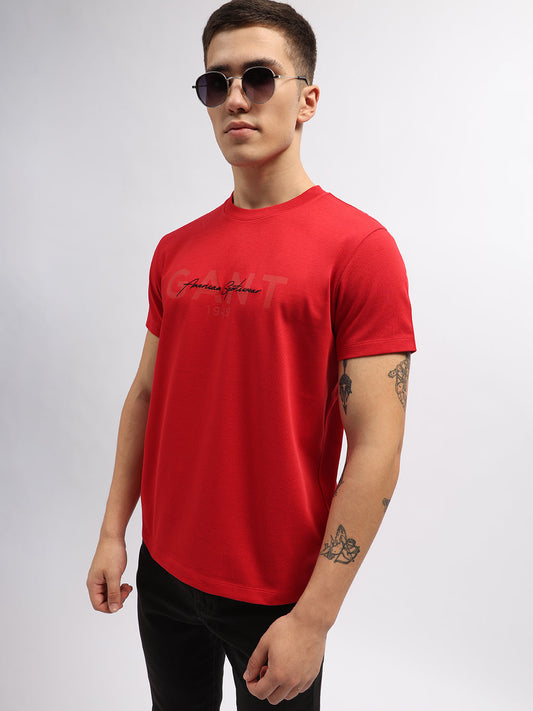 Gant Men Red Solid Round Neck Short Sleeves T-Shirt