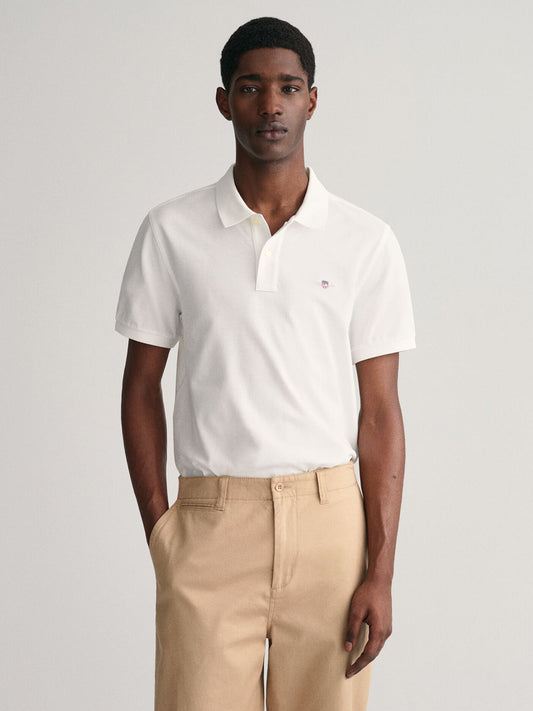 Gant Men White Solid Collared Short Sleeves Polo T-Shirt