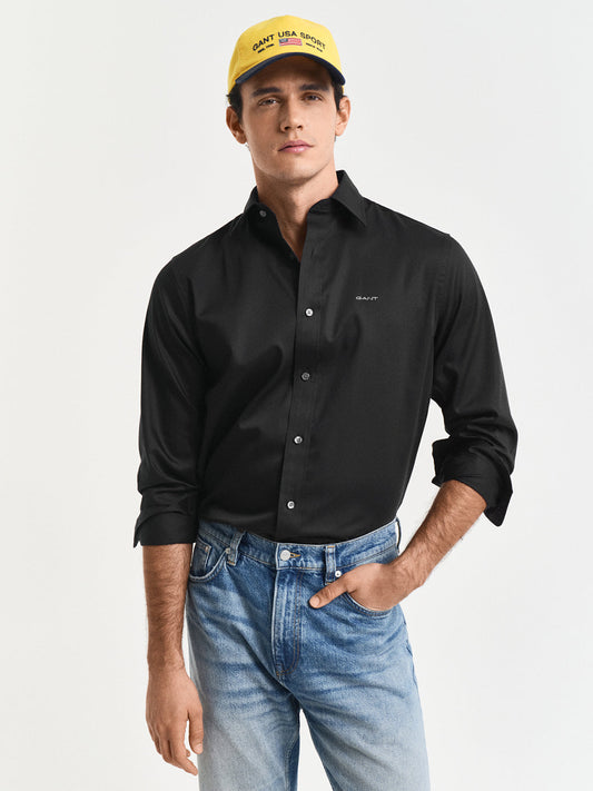 Gant Mens Black Spread Collar Full Sleeve Solid Shirt