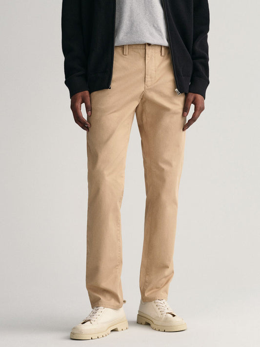 Gant Men Khaki Solid Slim Fit Flat-Front Chinos