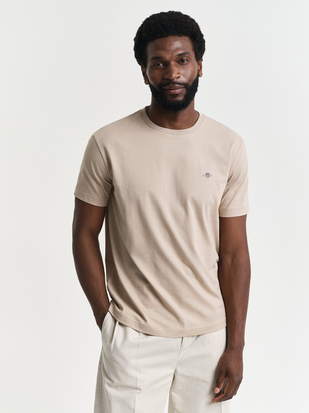 Gant Men Beige Solid Round Neck Short Sleeves T-Shirt