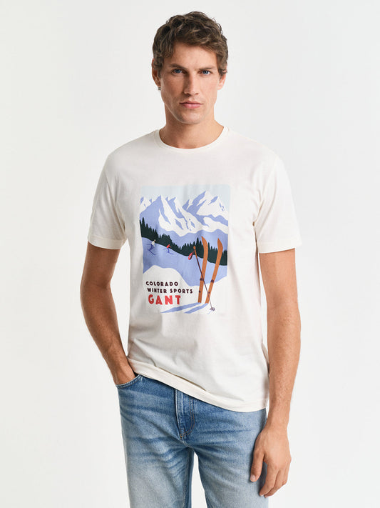 Gant Men Cream Printed Round Neck Short Sleeves T-Shirt