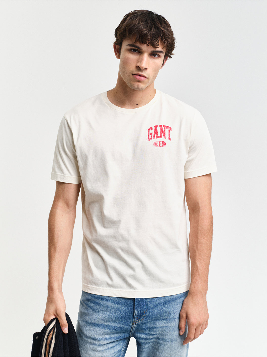 Gant Men Cream Solid Round Neck Short Sleeves T-Shirt