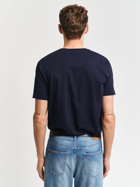 Gant Men Blue Solid Round Neck Short Sleeves Tshirt