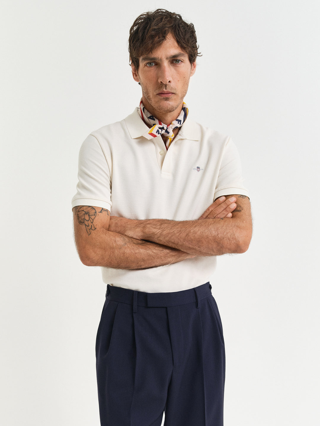Gant Men Cream Solid Collared Short Sleeves Polo Tshirt