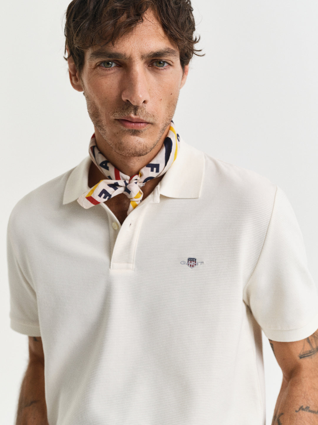 Gant Men Cream Solid Collared Short Sleeves Polo Tshirt