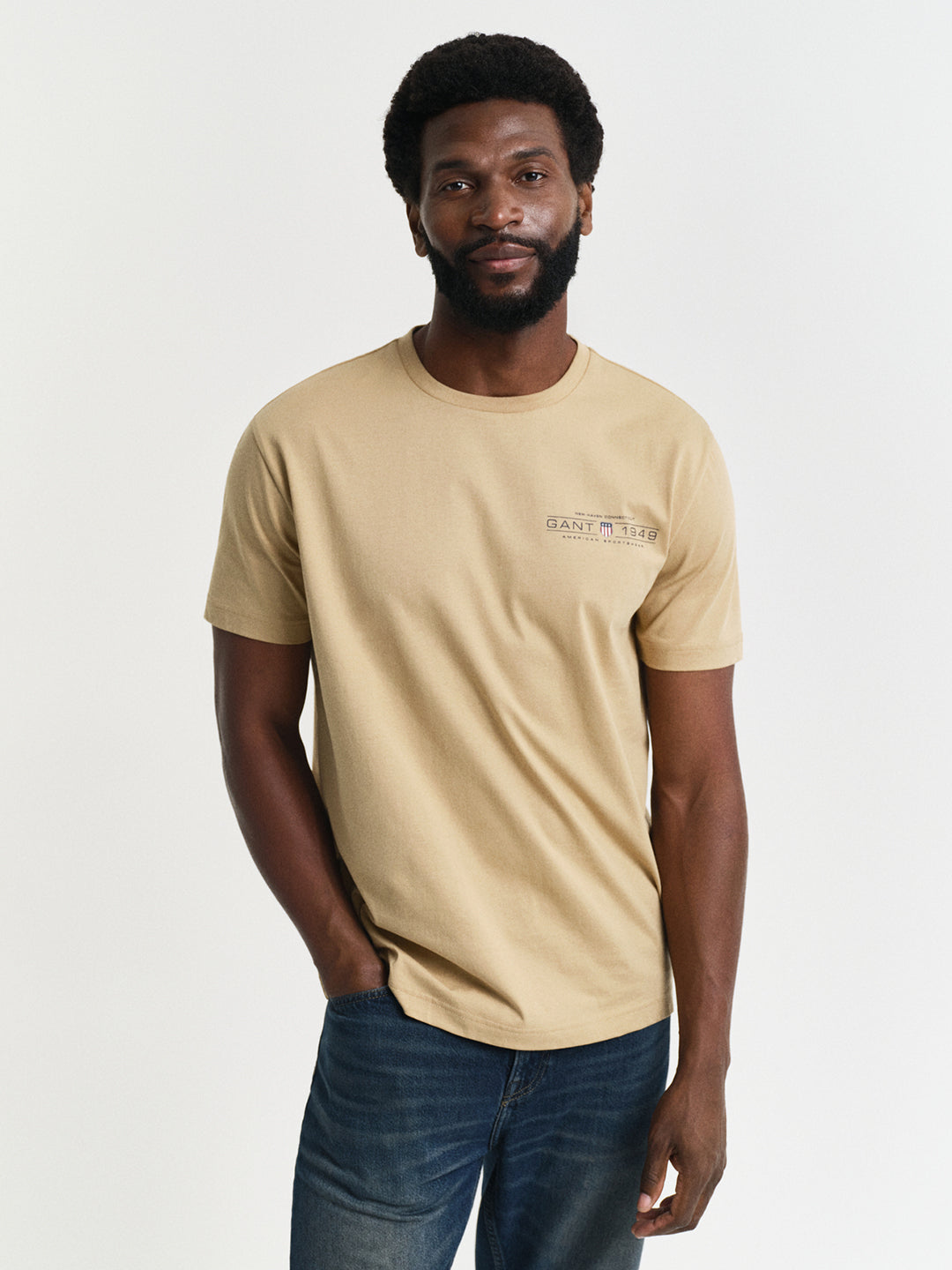 Gant Men Beige Solid Round Neck Short Sleeves T-Shirt