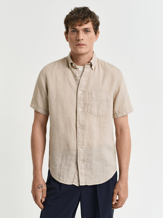 Gant Men Beige Regular Fit Solid Linen Shirt