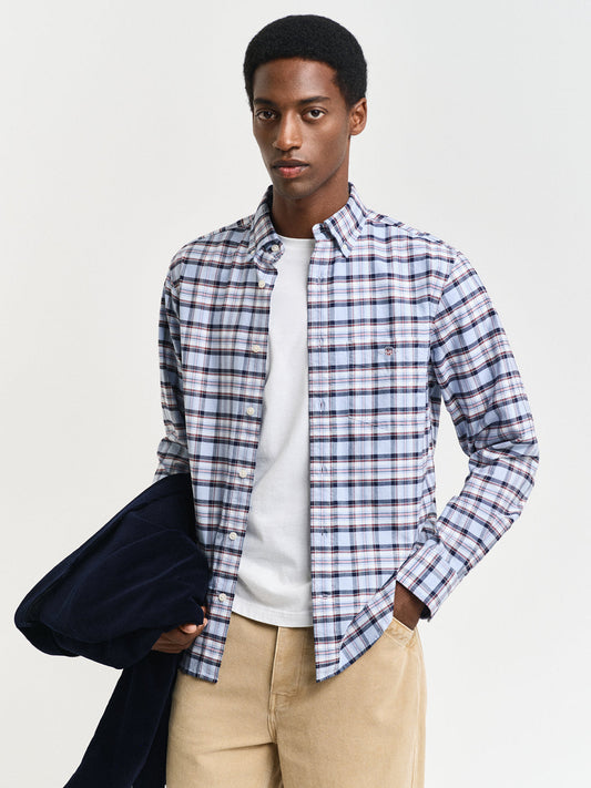 Gant Men Blue Checked Button-Down Collar Full Sleeves Shirt