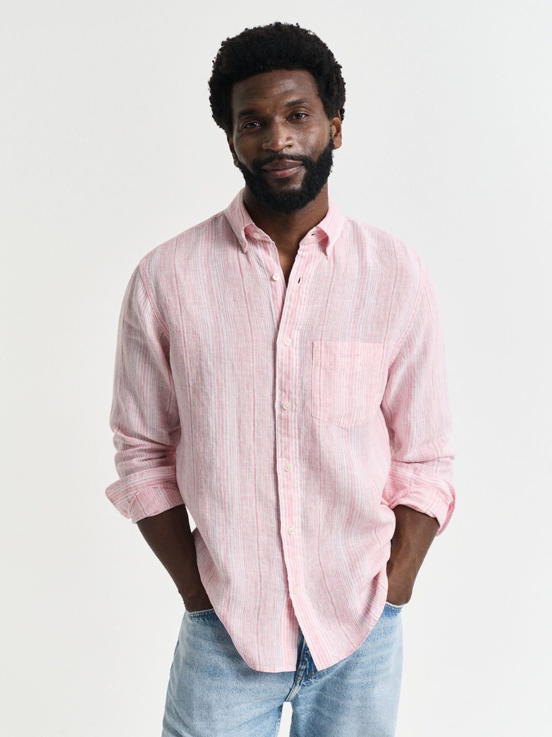 Gant Men Pink Regular Fit Striped Linen Shirt