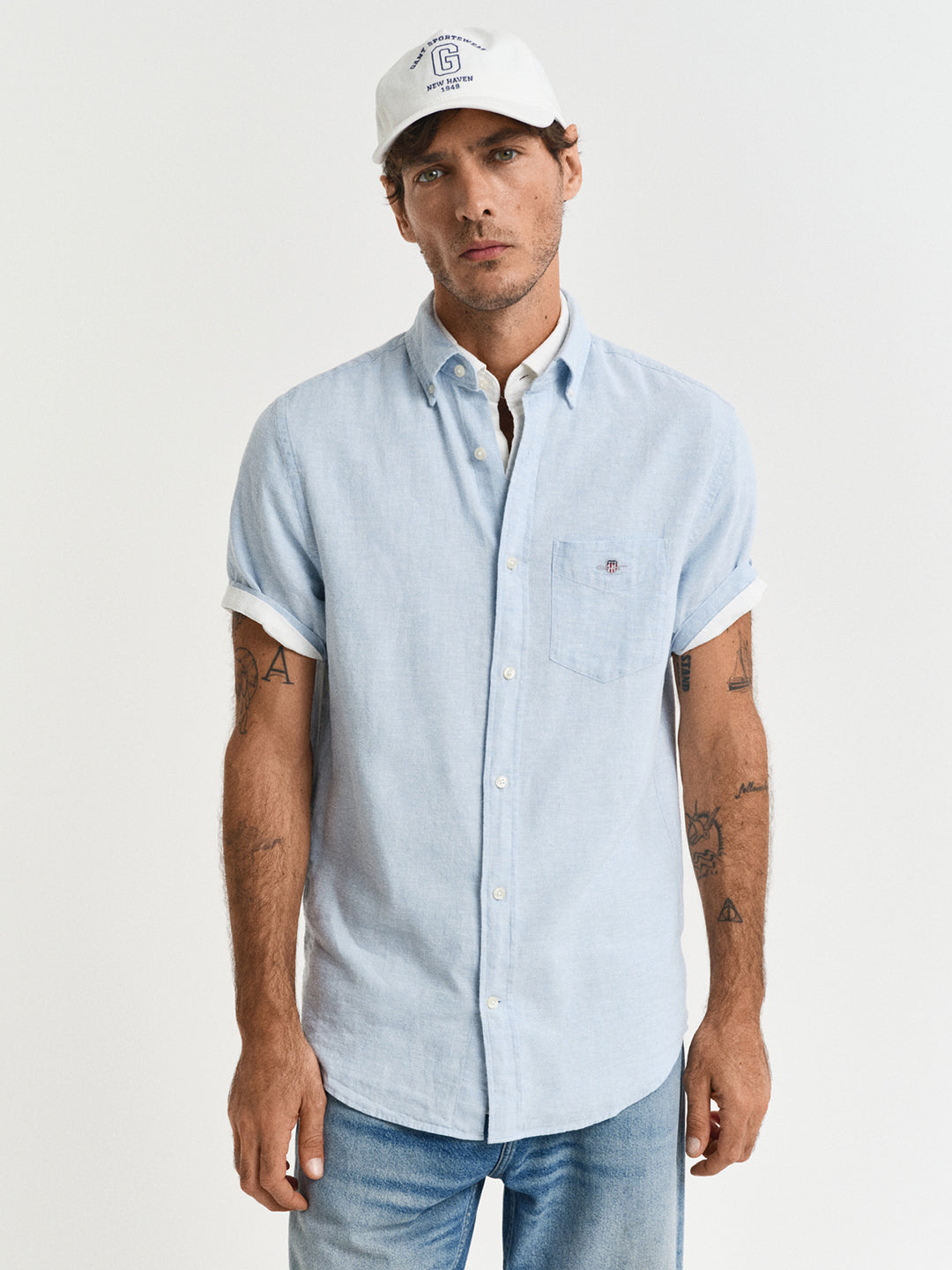 Gant Men Blue Solid Button-Down Collar Short Sleeves Shirt